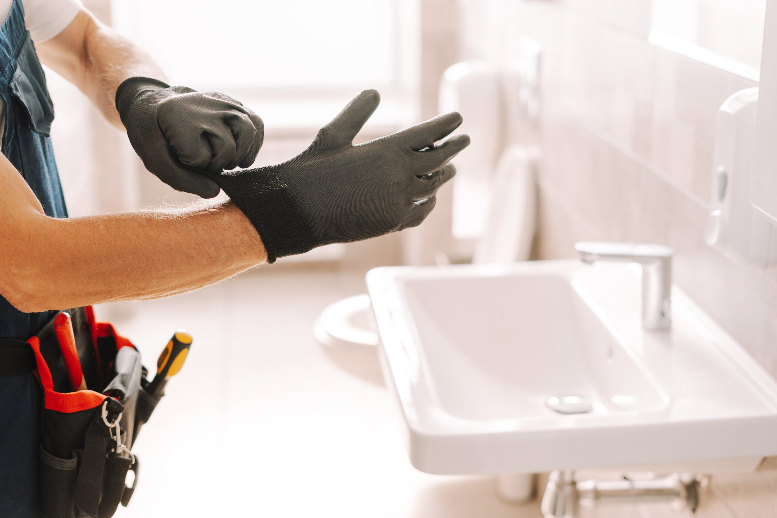 stern installateur mitarbeiter mit handschuhen vor einem waschbäcken bei einer badsanierung